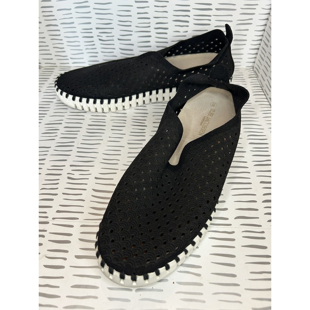 Ilse Jacobsen Tulip 139 Black Laser Cut Perforated Slip On Loafers Women 38 7.5